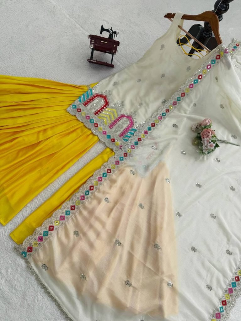 Cream chinnon silk thread & sequence work top-sharara and dupatta set