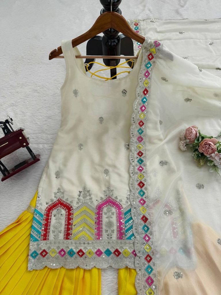 Cream chinnon silk thread & sequence work top-sharara and dupatta set