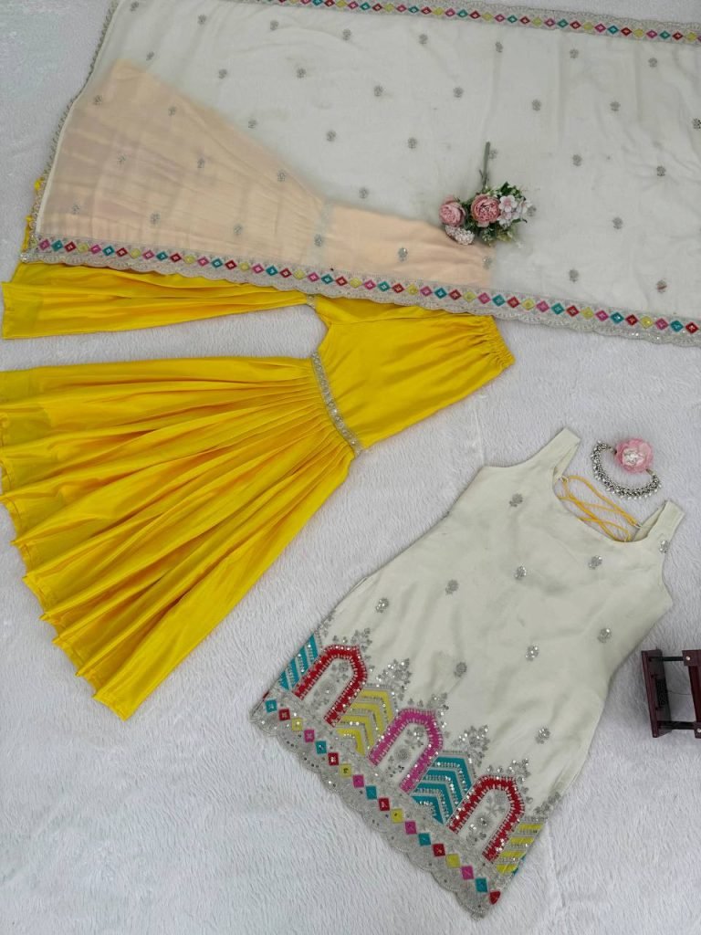 Cream chinnon silk thread & sequence work top-sharara and dupatta set