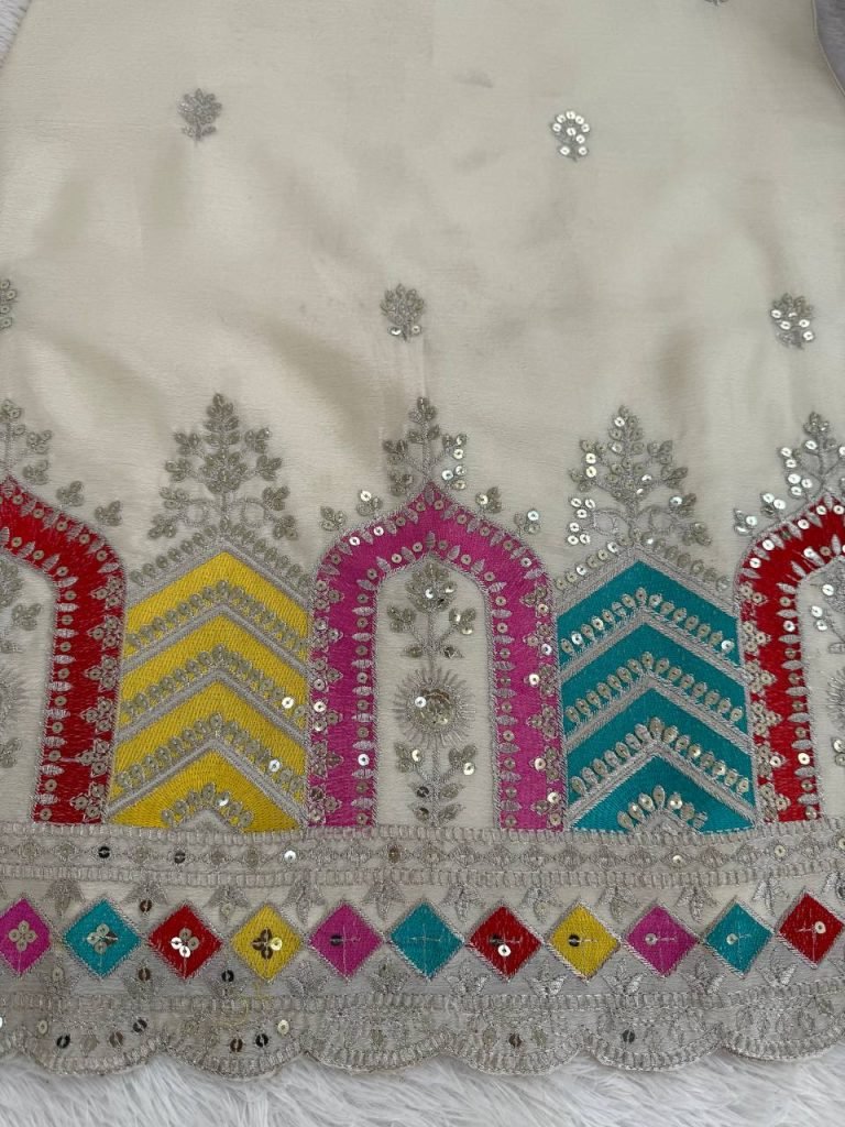 Cream chinnon silk thread & sequence work top-sharara and dupatta set
