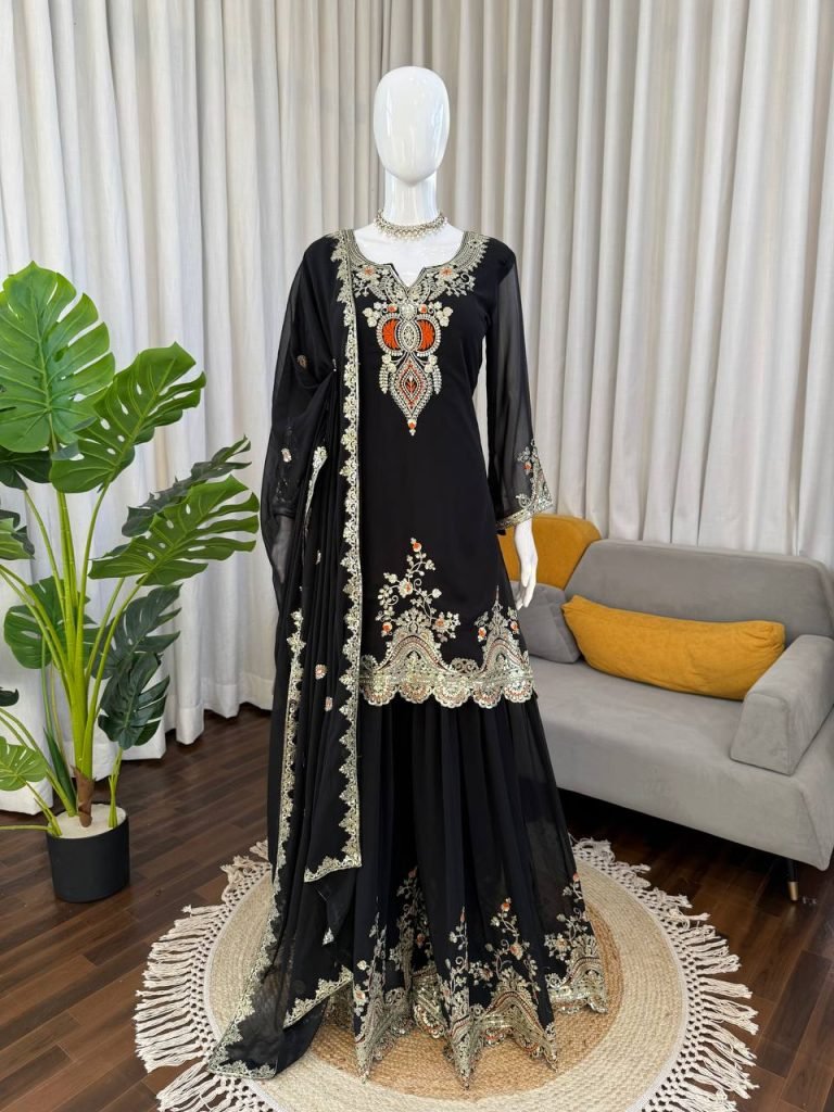 Black faux georgette thread & sequence work top-sharara and dupatta set