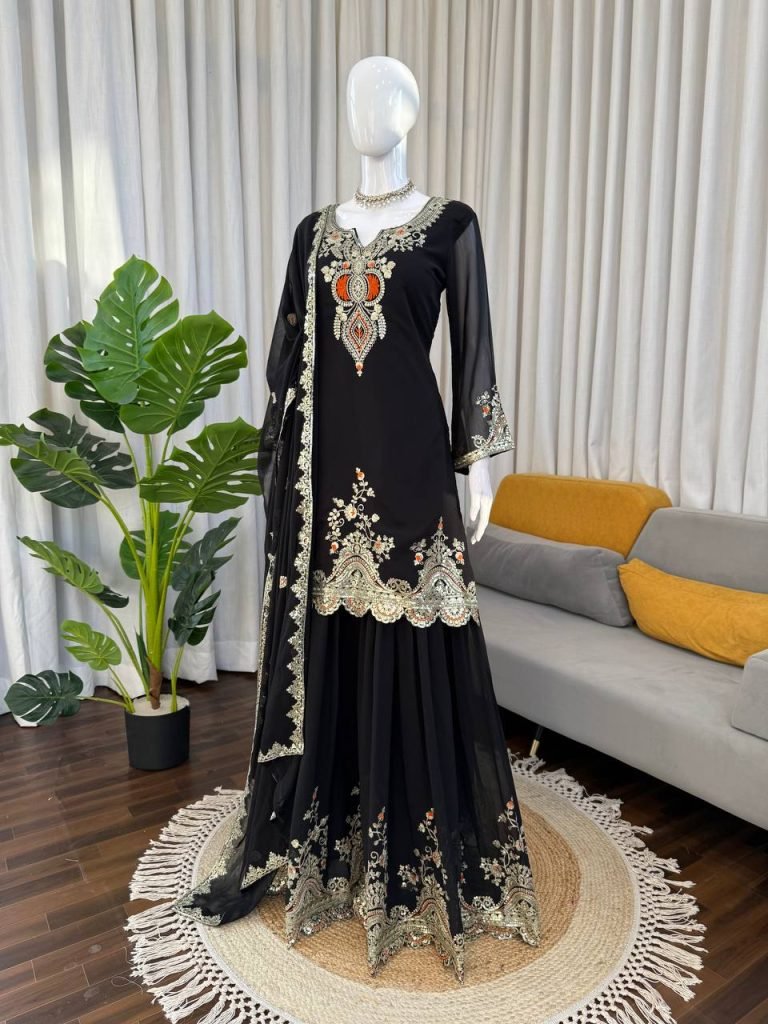Black faux georgette thread & sequence work top-sharara and dupatta set