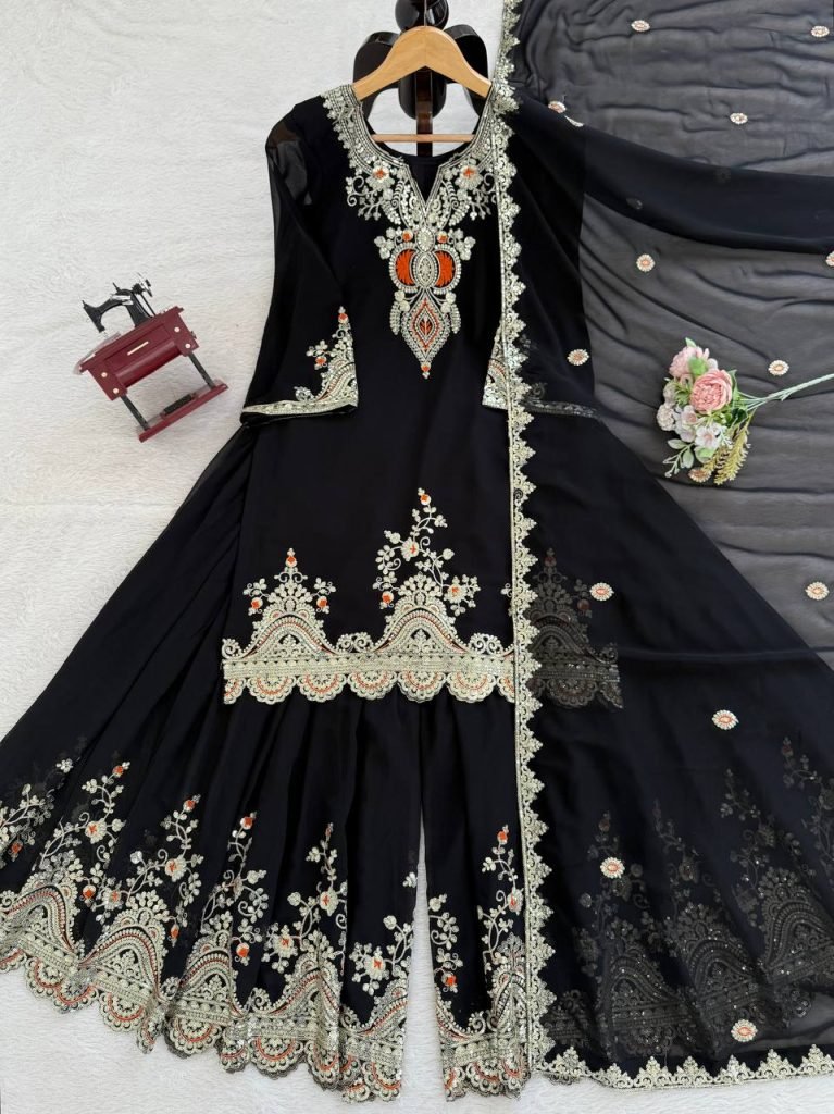 Black faux georgette thread & sequence work top-sharara and dupatta set