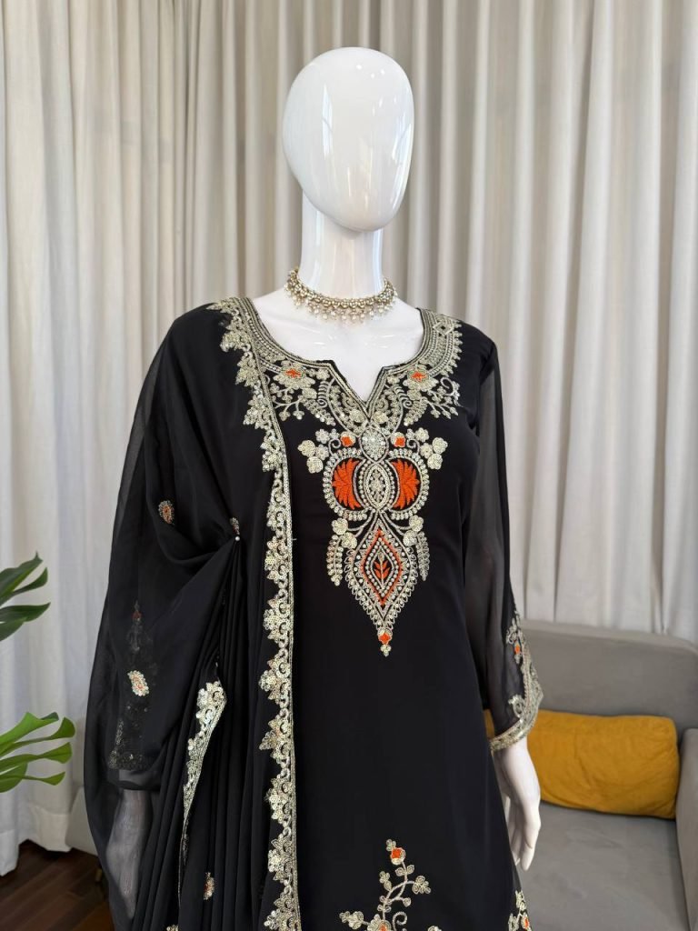 Black faux georgette thread & sequence work top-sharara and dupatta set