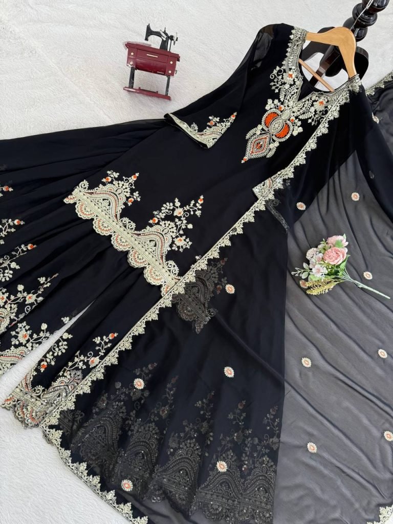 Black faux georgette thread & sequence work top-sharara and dupatta set