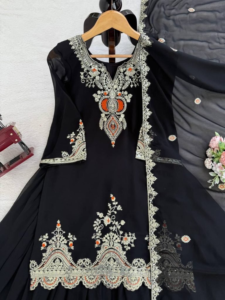 Black faux georgette thread & sequence work top-sharara and dupatta set