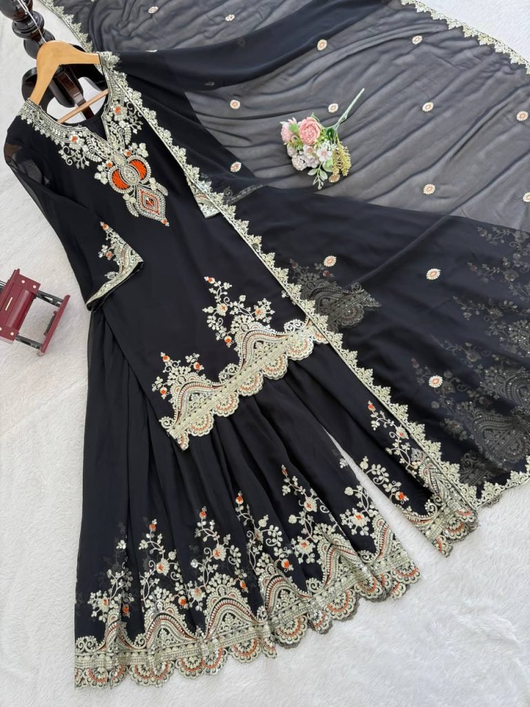 Black faux georgette thread & sequence work top-sharara and dupatta set