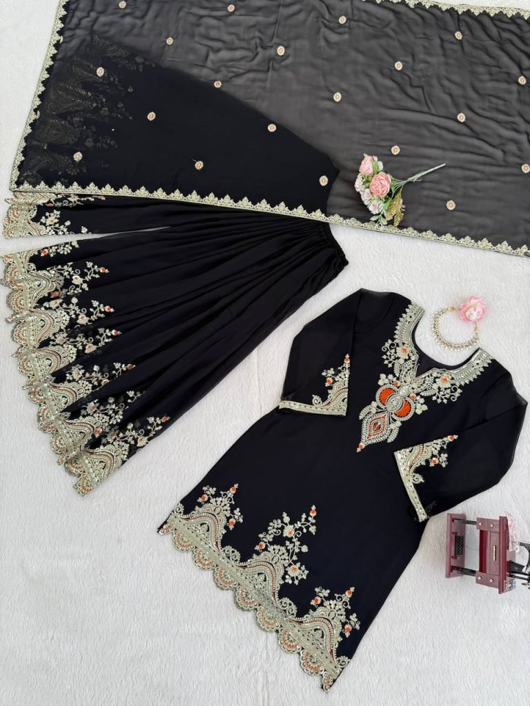 Black faux georgette thread & sequence work top-sharara and dupatta set