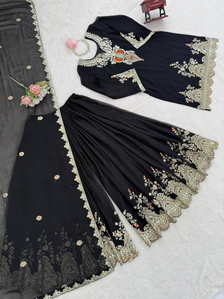 Black faux georgette thread & sequence work top-sharara and dupatta set
