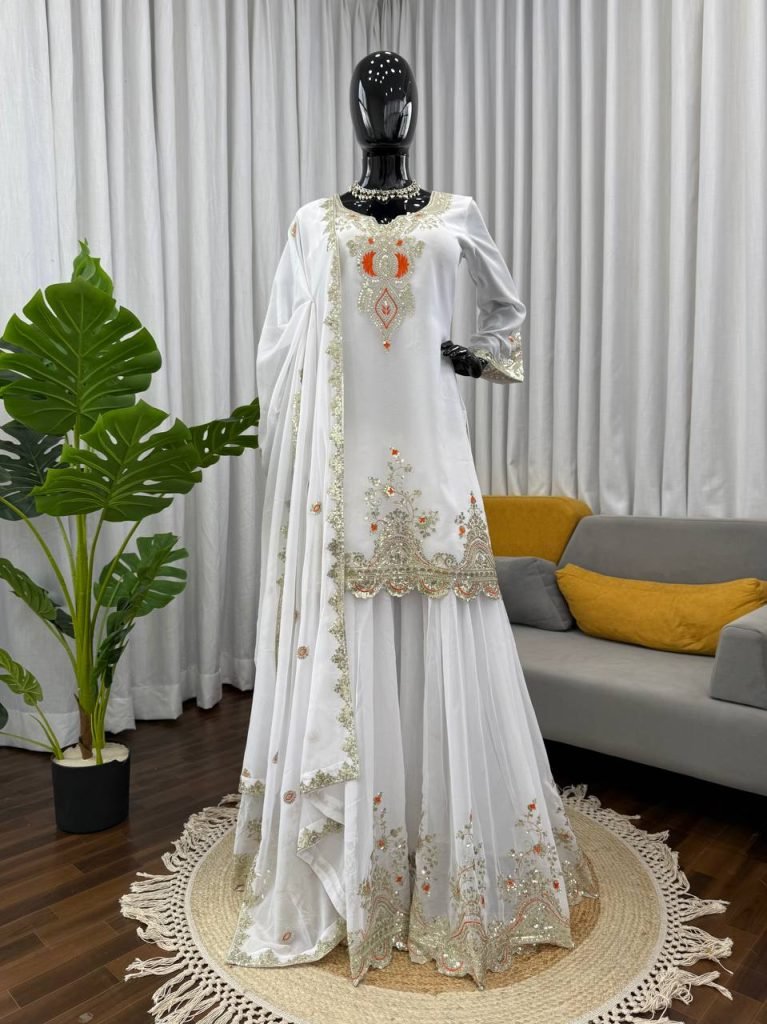 White faux georgette thread & sequence work top-sharara and dupatta set
