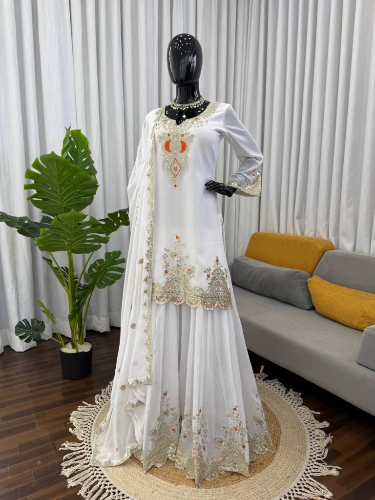White faux georgette thread & sequence work top-sharara and dupatta set