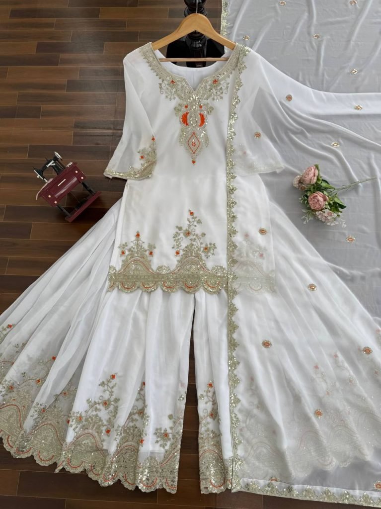 White faux georgette thread & sequence work top-sharara and dupatta set
