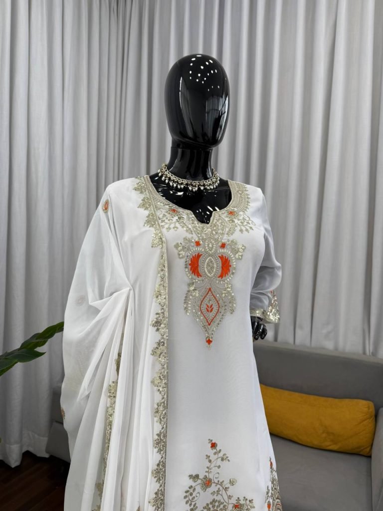 White faux georgette thread & sequence work top-sharara and dupatta set