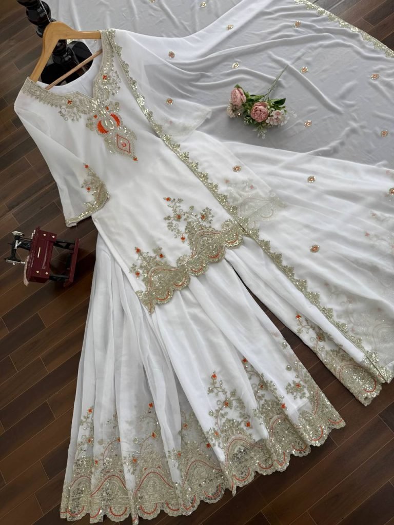 White faux georgette thread & sequence work top-sharara and dupatta set