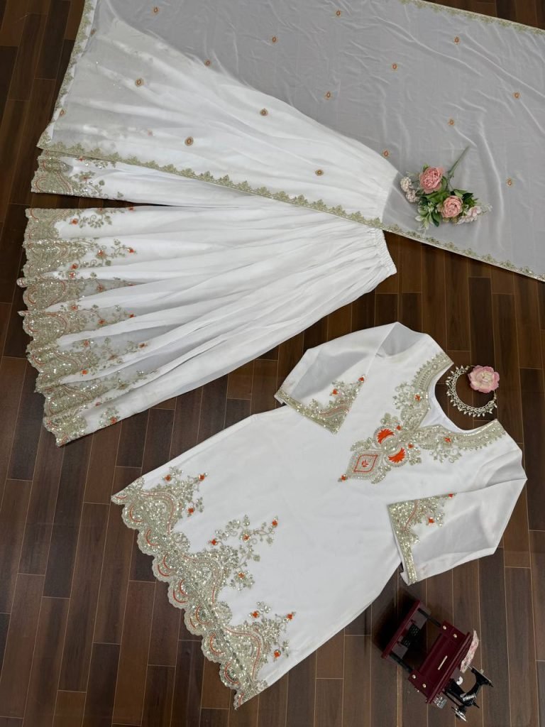 White faux georgette thread & sequence work top-sharara and dupatta set