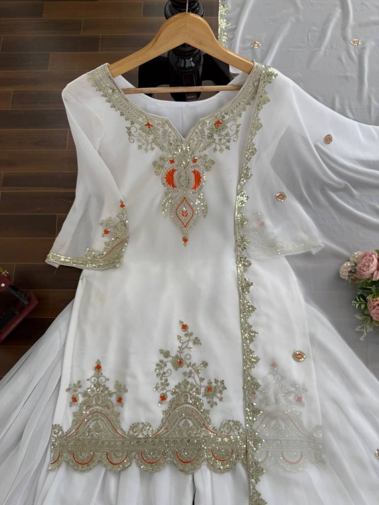 White faux georgette thread & sequence work top-sharara and dupatta set