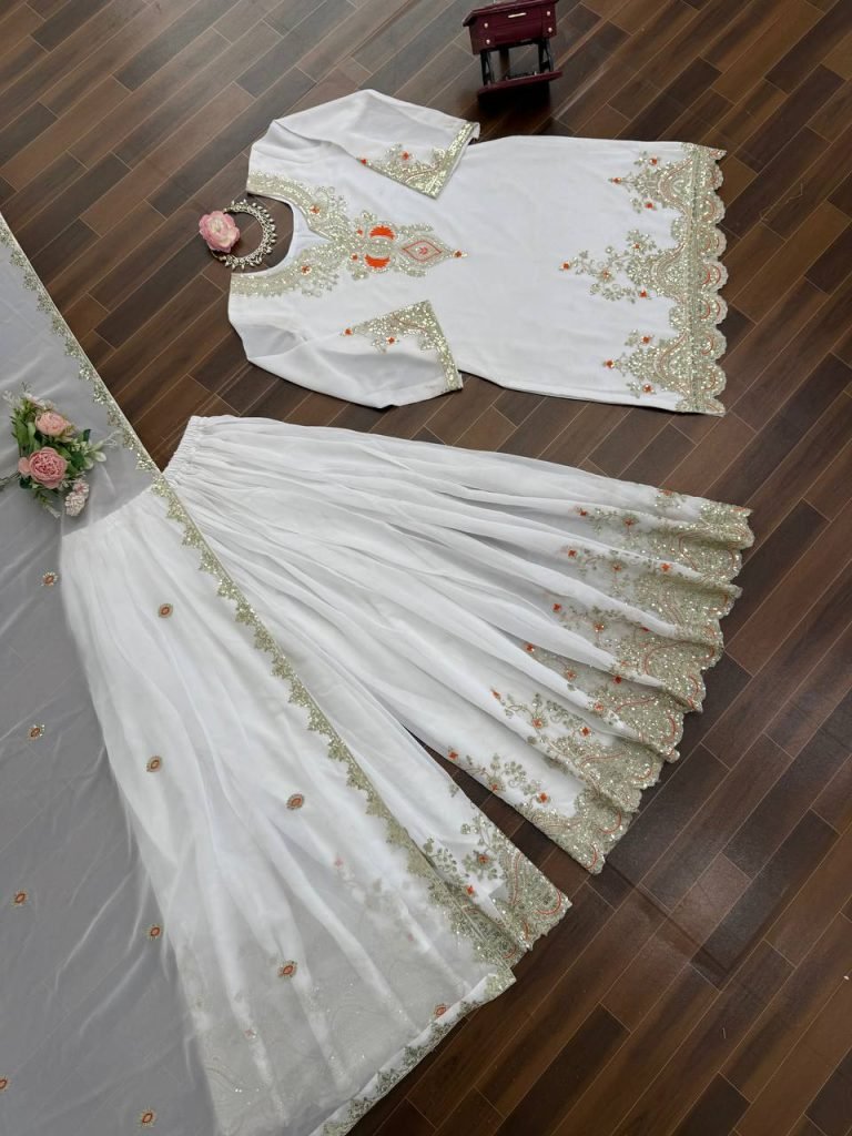 White faux georgette thread & sequence work top-sharara and dupatta set