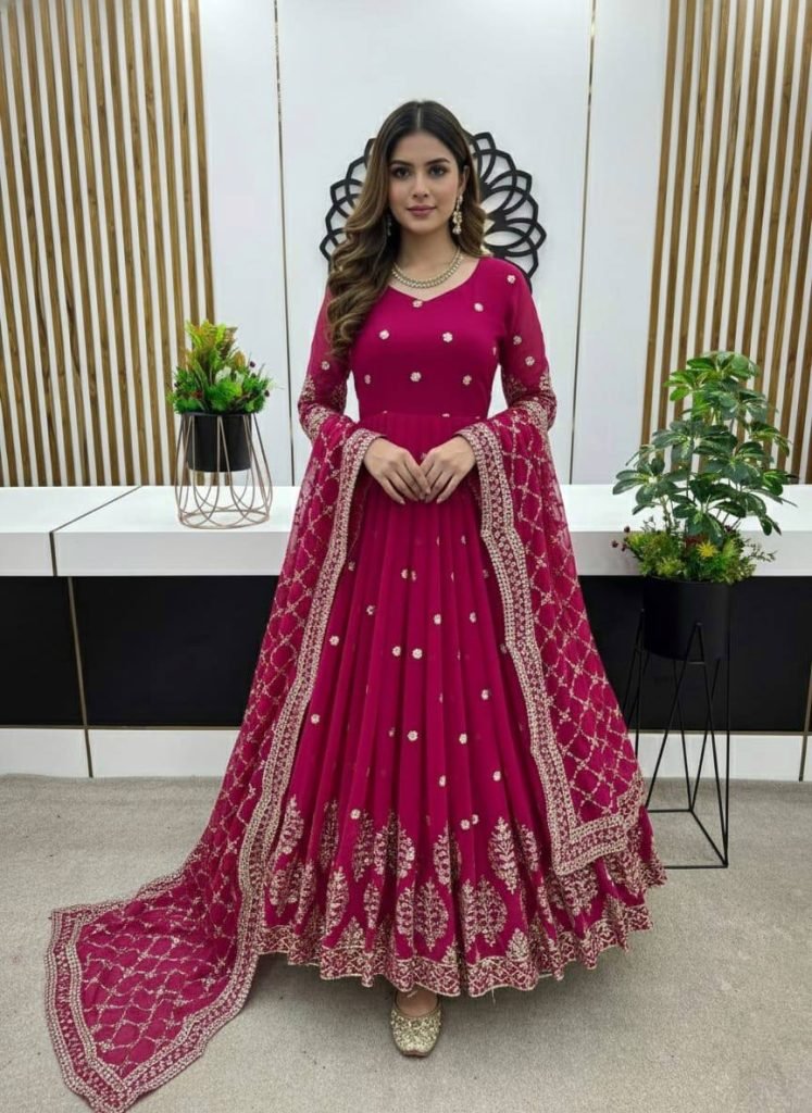 Pink faux georgette embroidery sequence work gown-bottom & Dupatta