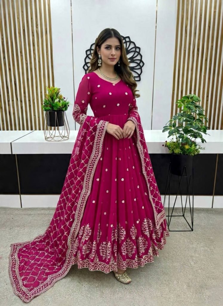 Pink faux georgette embroidery sequence work gown-bottom & Dupatta
