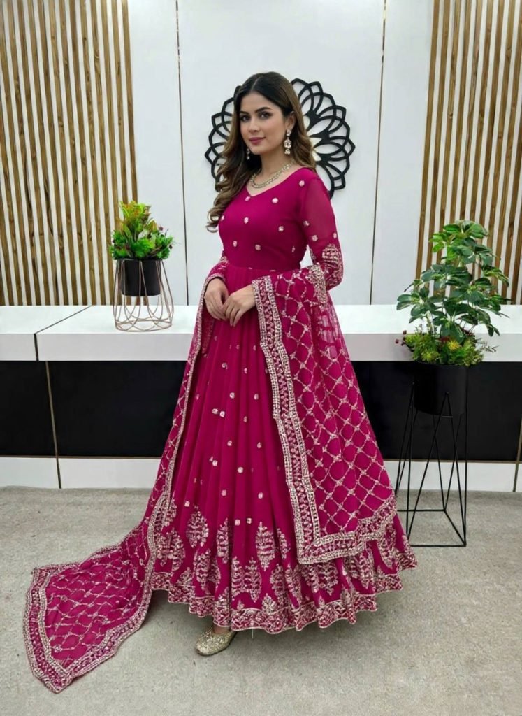 Pink faux georgette embroidery sequence work gown-bottom & Dupatta