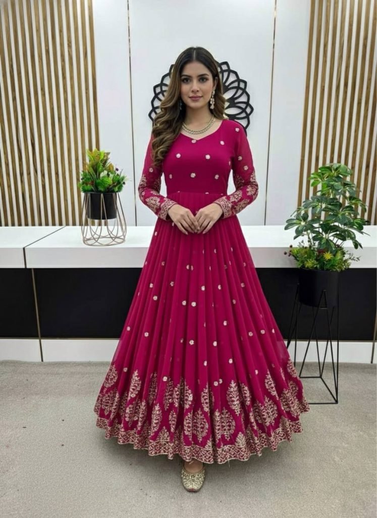 Pink faux georgette embroidery sequence work gown-bottom & Dupatta
