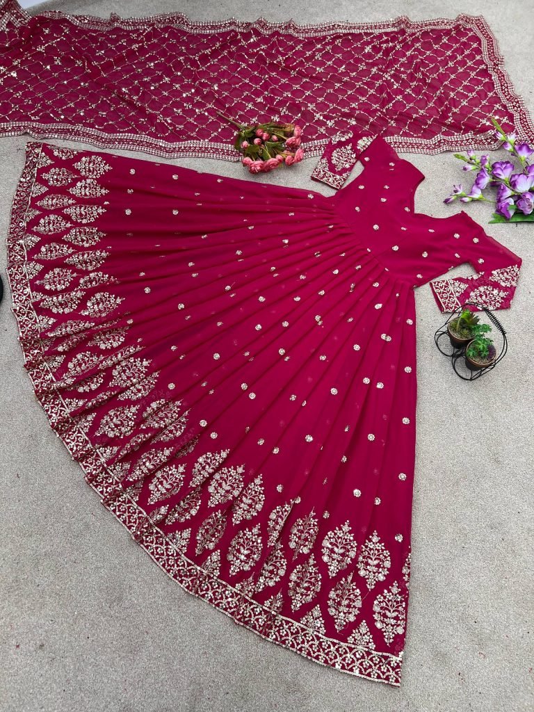 Pink faux georgette embroidery sequence work gown-bottom & Dupatta