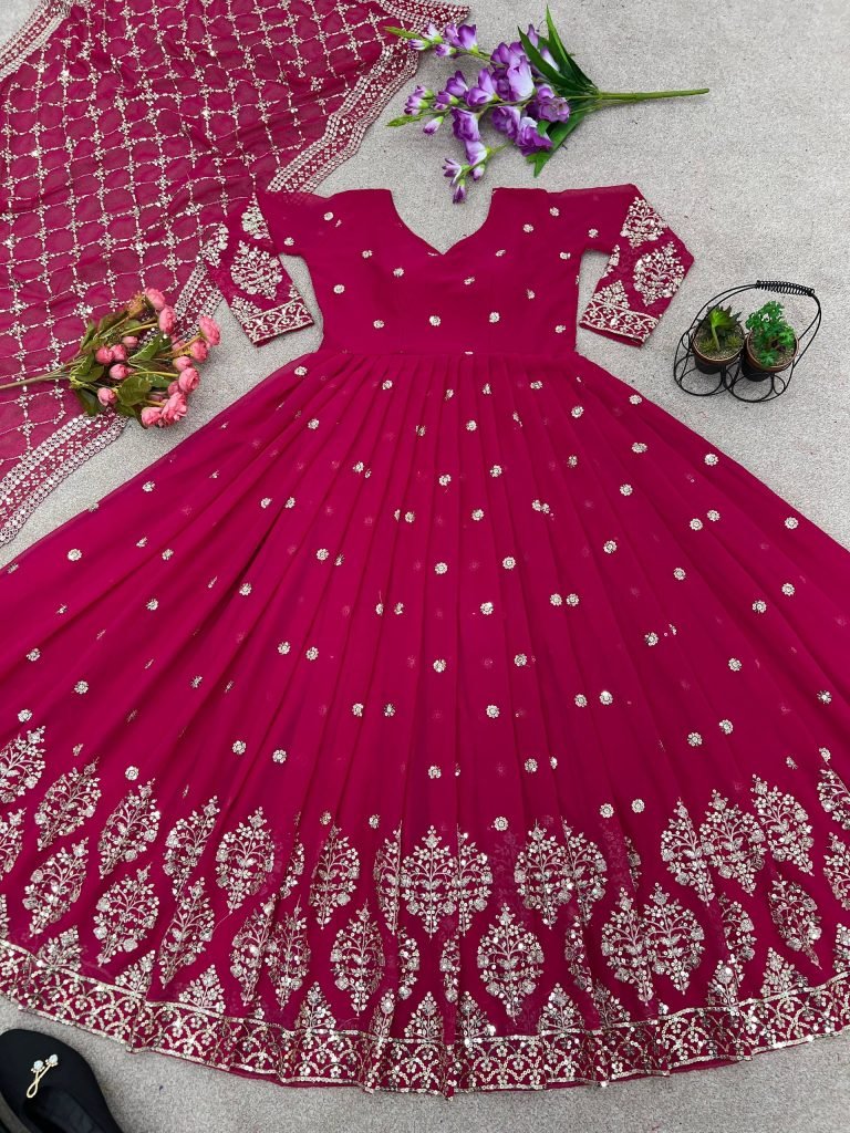 Pink faux georgette embroidery sequence work gown-bottom & Dupatta
