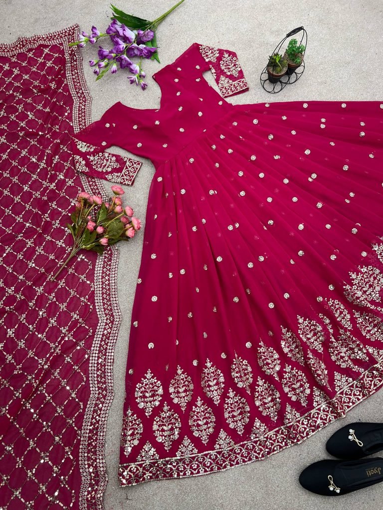 Pink faux georgette embroidery sequence work gown-bottom & Dupatta