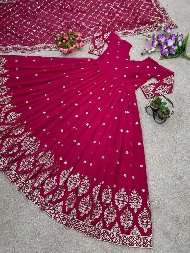 Pink faux georgette embroidery sequence work gown-bottom & Dupatta