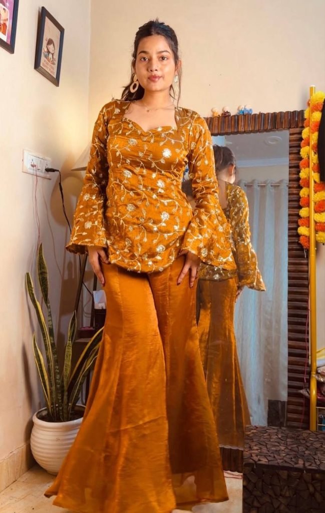 Dark yellow fandy silk top & palazzo set with embroidery, sequin and beads work