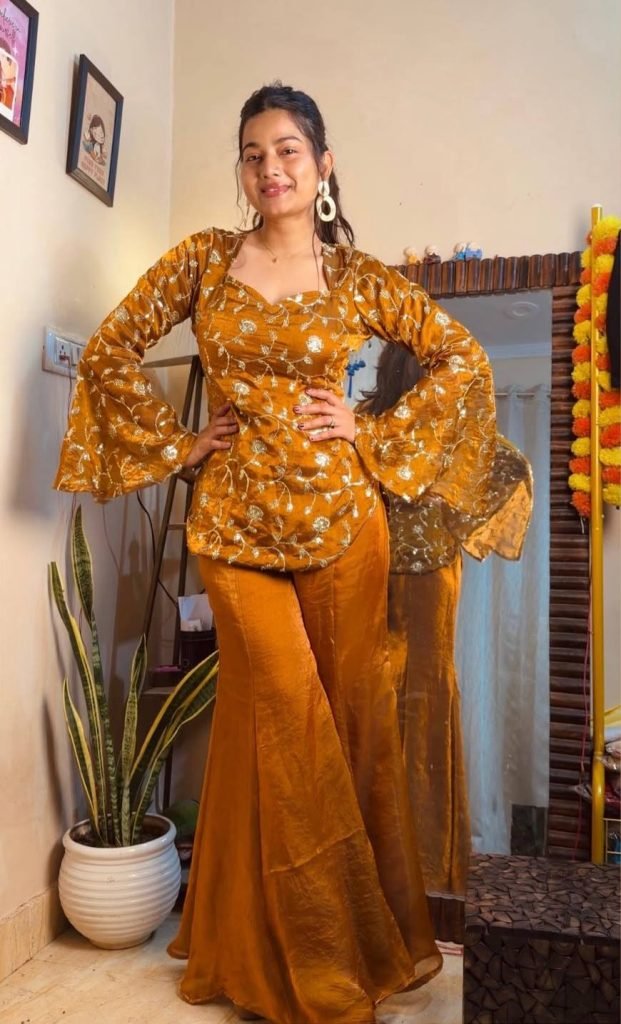 Dark yellow fandy silk top & palazzo set with embroidery, sequin and beads work