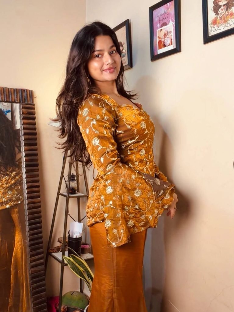 Dark yellow fandy silk top & palazzo set with embroidery, sequin and beads work