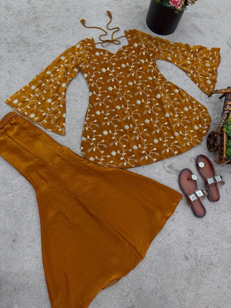 Dark yellow fandy silk top & palazzo set with embroidery, sequin and beads work