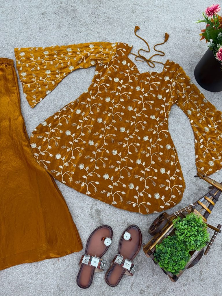 Dark yellow fandy silk top & palazzo set with embroidery, sequin and beads work