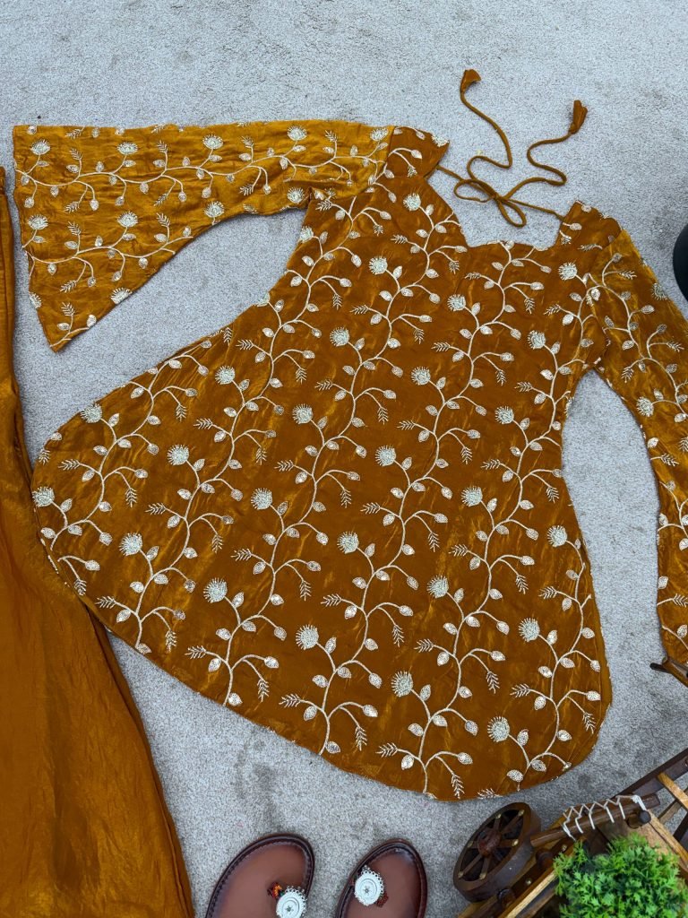 Dark yellow fandy silk top & palazzo set with embroidery, sequin and beads work