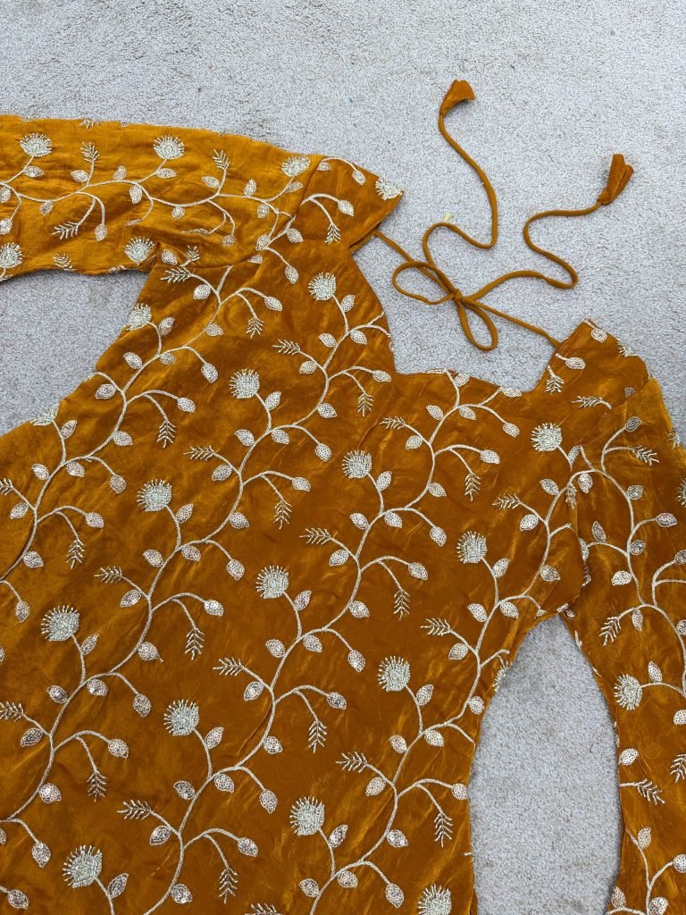 Dark yellow fandy silk top & palazzo set with embroidery, sequin and beads work