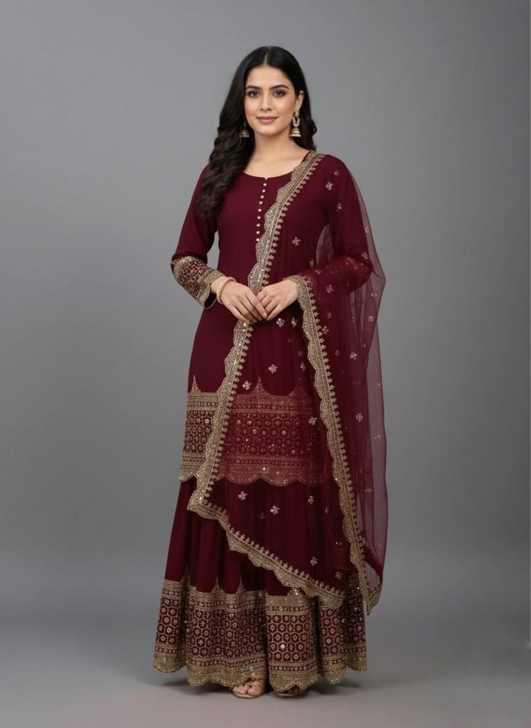 Maroon faux georgette embroidery sequence work top, sharara & dupatta