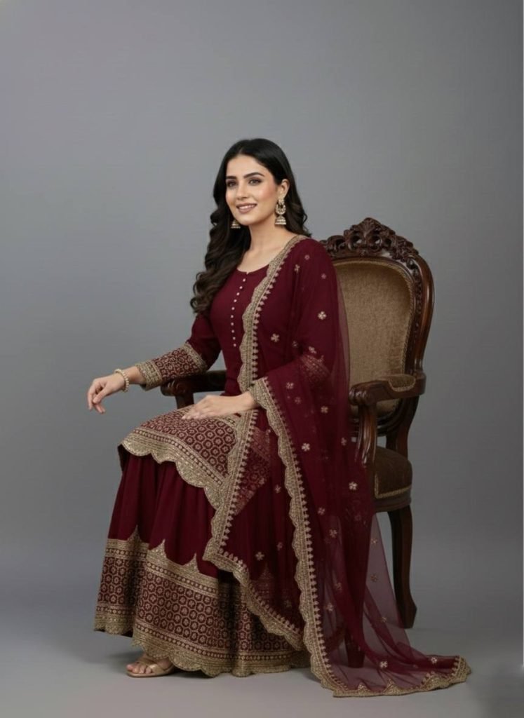 Maroon faux georgette embroidery sequence work top, sharara & dupatta