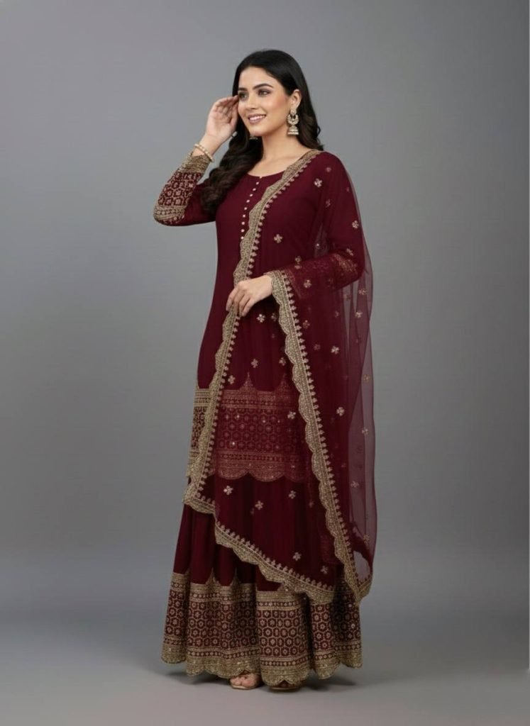 Maroon faux georgette embroidery sequence work top, sharara & dupatta