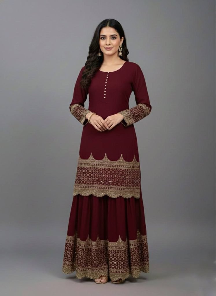 Maroon faux georgette embroidery sequence work top, sharara & dupatta