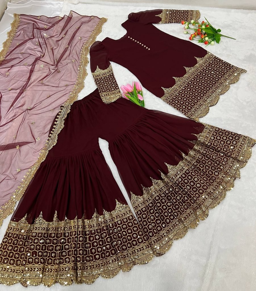 Maroon faux georgette embroidery sequence work top, sharara & dupatta