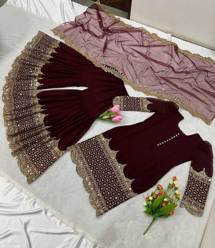 Maroon faux georgette embroidery sequence work top, sharara & dupatta
