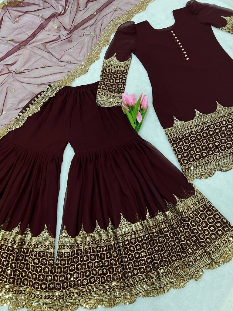 Maroon faux georgette embroidery sequence work top, sharara & dupatta