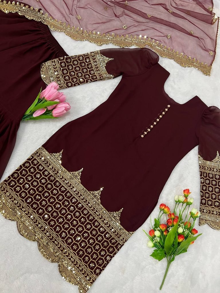 Maroon faux georgette embroidery sequence work top, sharara & dupatta
