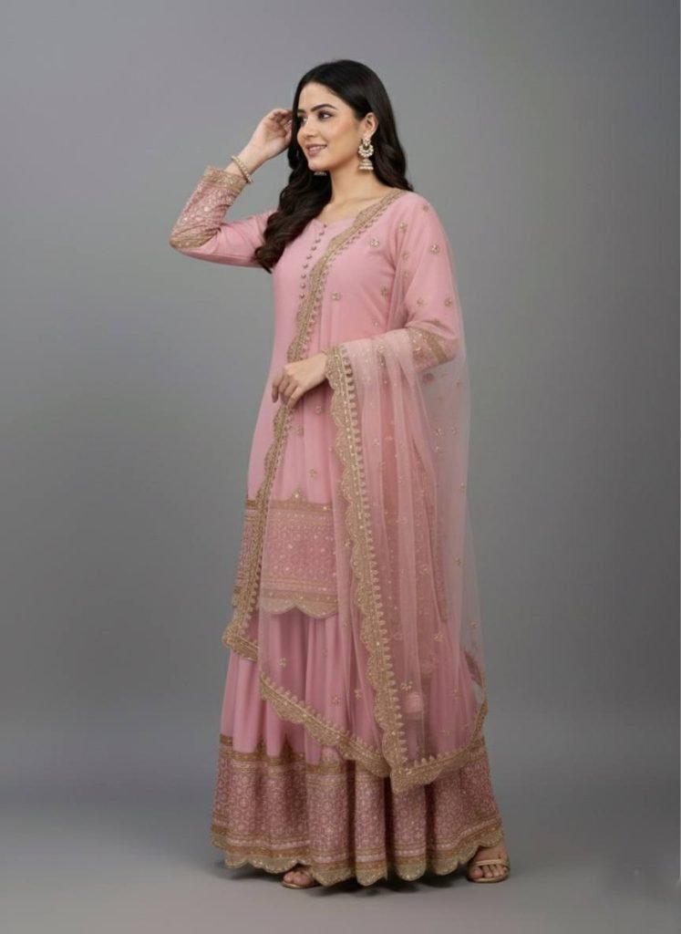 Pink faux georgette embroidery sequence work top, sharara & dupatta