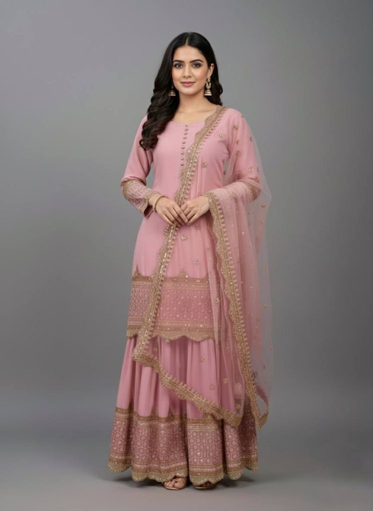 Pink faux georgette embroidery sequence work top, sharara & dupatta