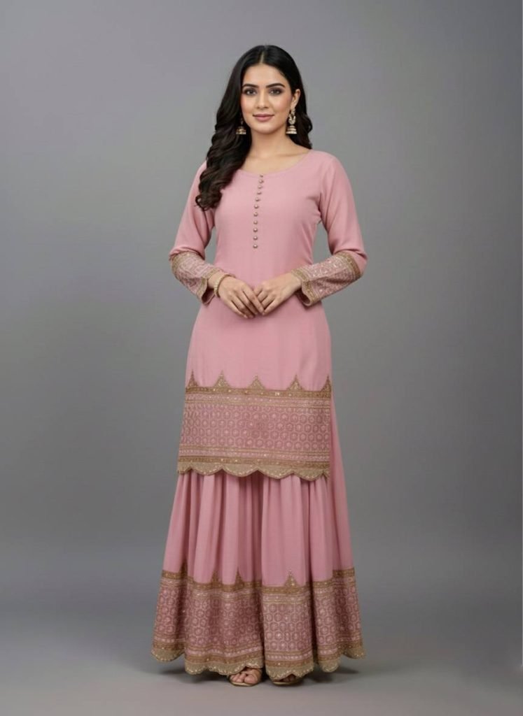 Pink faux georgette embroidery sequence work top, sharara & dupatta
