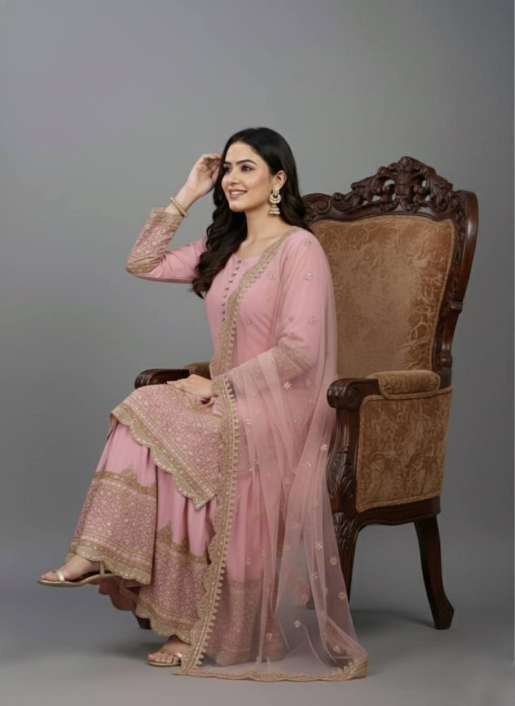 Pink faux georgette embroidery sequence work top, sharara & dupatta