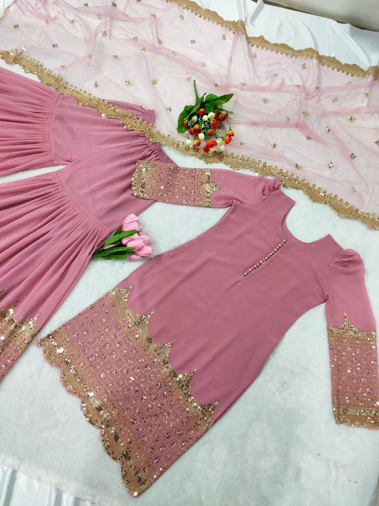 Pink faux georgette embroidery sequence work top, sharara & dupatta