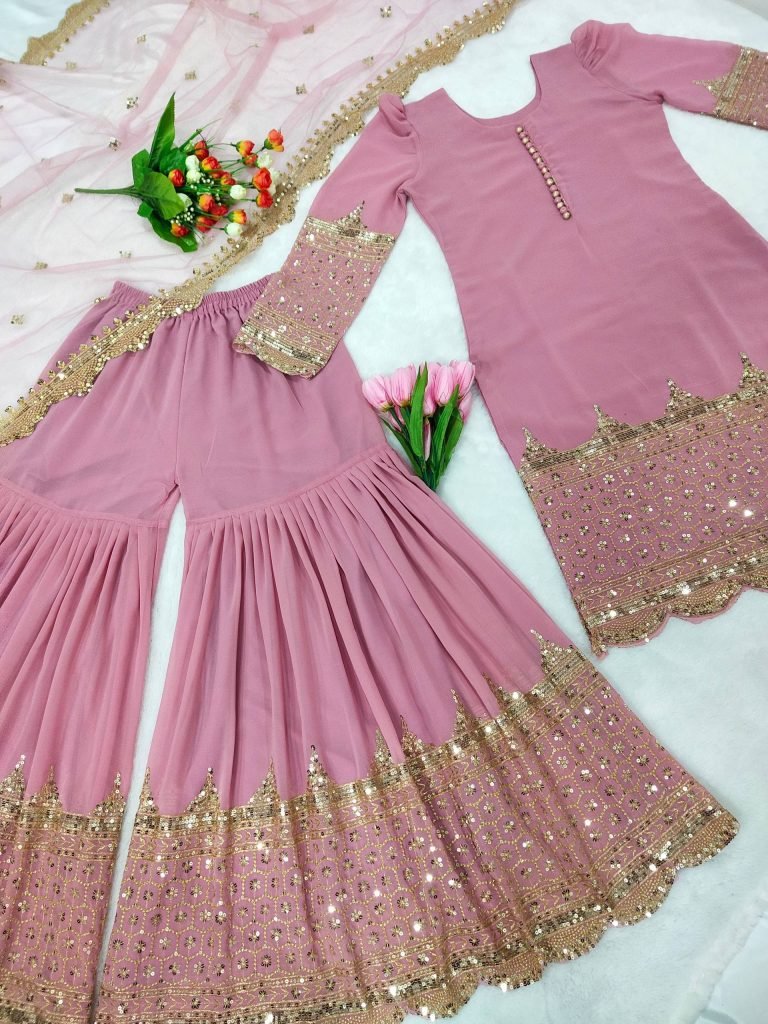 Pink faux georgette embroidery sequence work top, sharara & dupatta